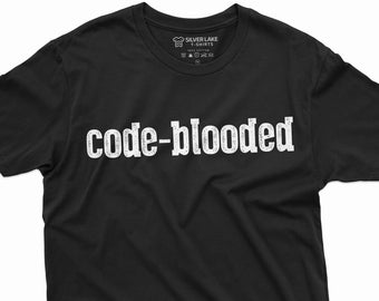 May include: Black t-shirt with the text "code-blooded" in white lettering.