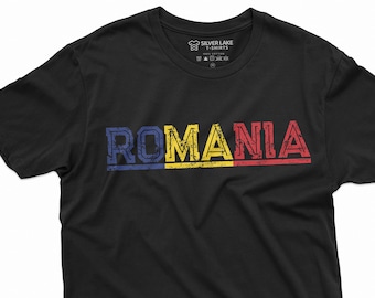 May include: Black t-shirt with the word "ROMANIA" printed in blue, yellow, and red letters. The letters have a distressed, vintage look.