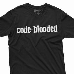 May include: Black t-shirt with the text "code-blooded" in white lettering.