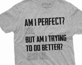May include: Gray t-shirt with the text "AM I PERFECT? NO. BUT AM I TRYING TO DO BETTER? ALSO NO."