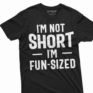 May include: Black t-shirt with white text that reads "I'm not short - I'm fun-sized".