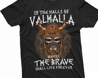 Men's Halls of Valhalla Viking T-shirt Skull Helmet Norse Mythology Nordic Tee Shirt Mens Gift Shirt