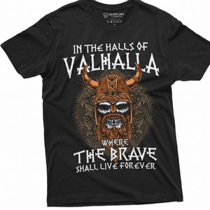 Men&#39;s Halls of Valhalla Viking T-shirt Skull Helmet Norse Mythology Nordic Tee Shirt Mens Gift Shirt
