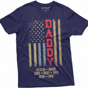 Father&#39;s Day Custom T-shirt | Dad USA Flag Custom Kids Names Tee Shirt Gift for Him US customizable Flag kid names Tee Shirt