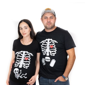 Halloween Couple Skeleton X-ray T-shirts | Maternity Costume Pregnancy Top | Xray Baby Skeleton dad mom matching Shirts | Dad Burger fries T