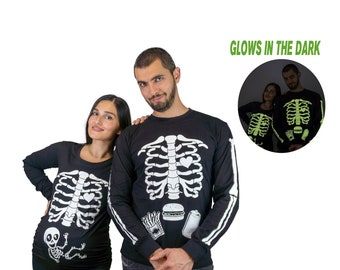 Halloween glow in the dark couple skeleton long sleeve shirts maternity pregnancy x-ray baby girl boy ribcage bones men's food burger shirt