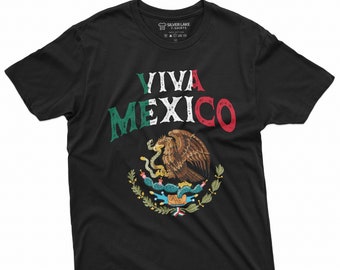 May include: Black t-shirt with the text "Viva Mexico" in white with a green, white, and red Mexican flag design underneath.