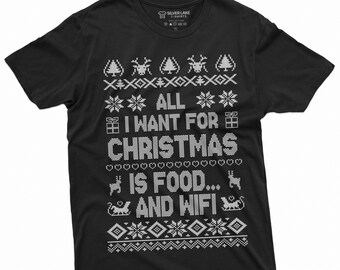 May include: Black t-shirt with a white Christmas-themed design. The design features a snowflake pattern, reindeer, and the text "All I want for Christmas is food... and wifi".