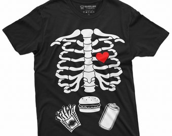 Men's Halloween Skeleton T-shirt Ribcage Bones Funny Tee Burger Fried soda Costume Party Halloween Shirt for Him