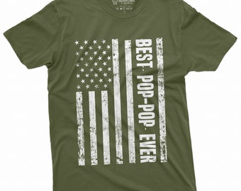 May include: A green t-shirt with a white distressed American flag design and the text "BEST POP-POP EVER!" printed on the front.