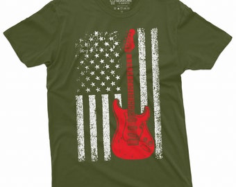 Men's Guitar USA Flag T-shirt Country Music Band Gifts Guitarists 4th of July American Flag Tee Shirt