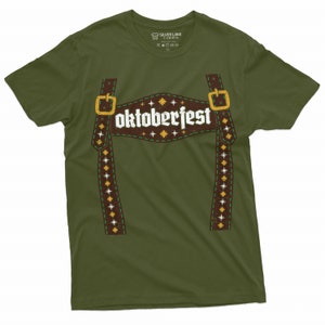 May include: Green t-shirt featuring a brown leather suspender design with the word "oktoberfest" in white text.