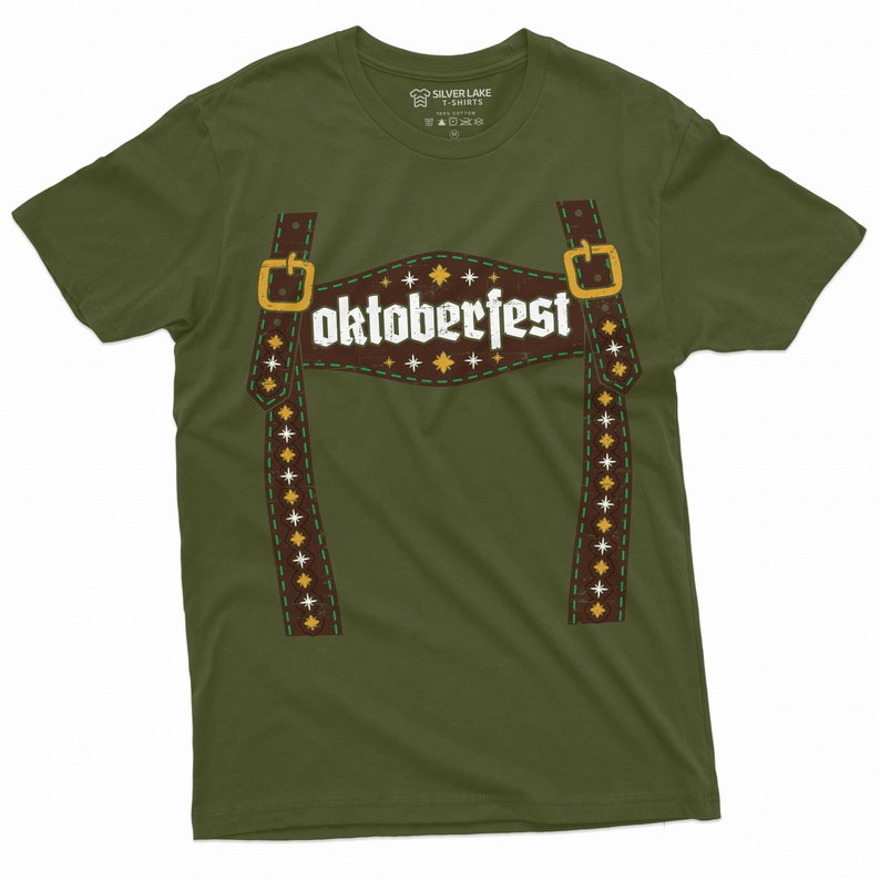May include: Green t-shirt featuring a brown leather suspender design with the word "oktoberfest" in white text.