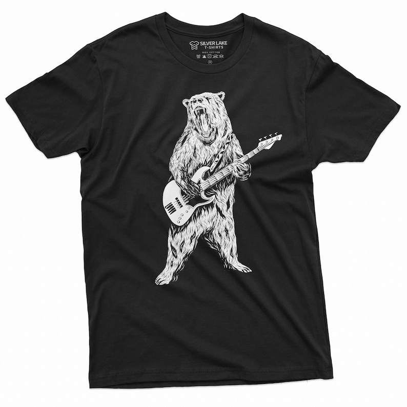 K&ouml;nnte beinhalten: Schwarzes T-Shirt mit einer wei&szlig;en Illustration eines B&auml;ren, der Bass spielt.