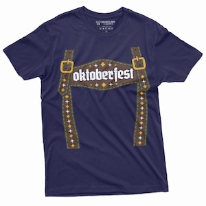 May include: A navy blue t-shirt featuring a brown leather suspender design and the text "Oktoberfest" in white.