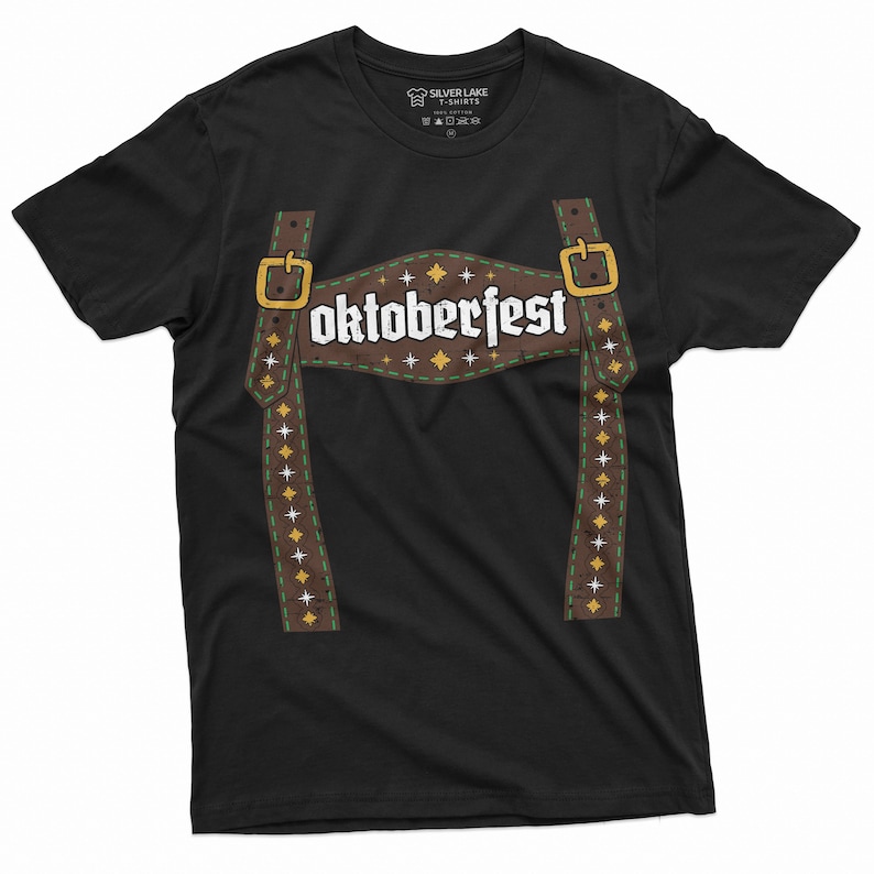 May include: Black t-shirt featuring a brown and yellow graphic of braces and the word "oktoberfest" on the front.