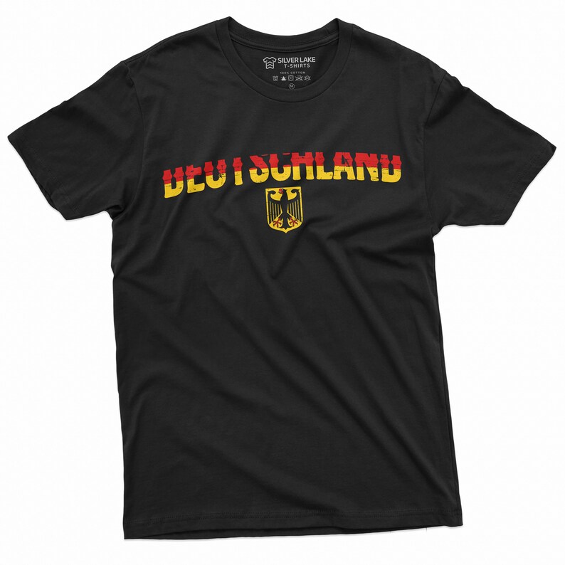 May include: Black t-shirt with the word "DEUTSCHLAND" in red, yellow, and black, with the German coat of arms below it.