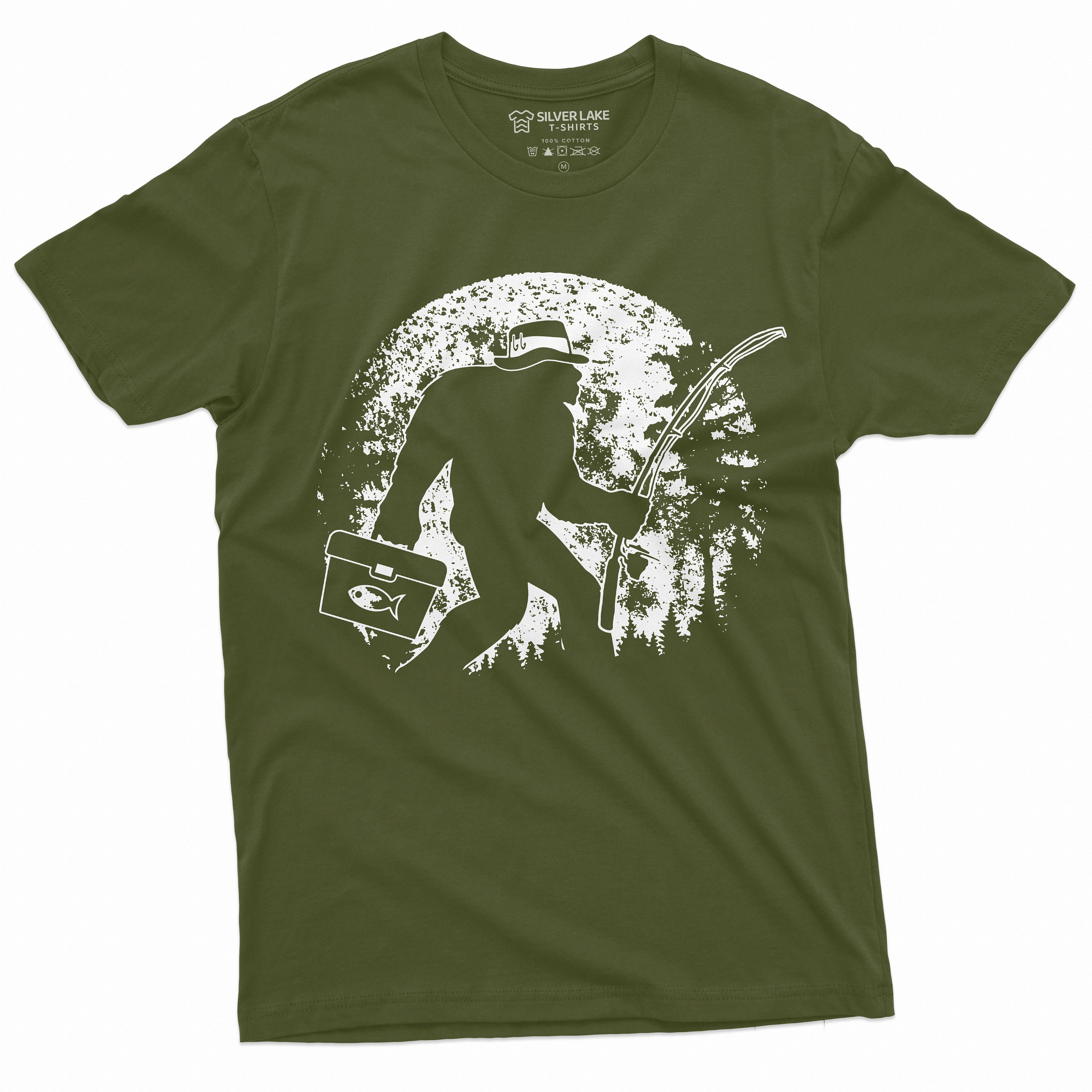 Men's Fishing Bigfoot T-Shirt | Fisherman Funny Outdoor Pole Rod Fish Sasquatch Tshirt | Unique Birthday Gift Idea Shirt