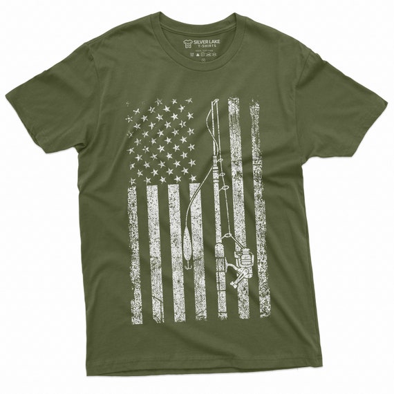 Mens USA American Fish Flag T Shirt Fishing Pole Rod Reel Tshirt Military  Green Patriotic US Fisherman Apparel for Men -  Canada