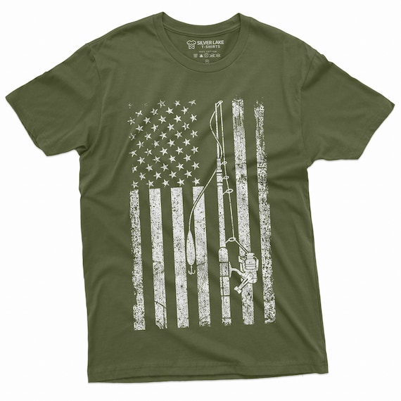 Mens USA American Fish Flag T Shirt Fishing Pole Rod Reel Tshirt Military  Green Patriotic US Fisherman Apparel for Men 