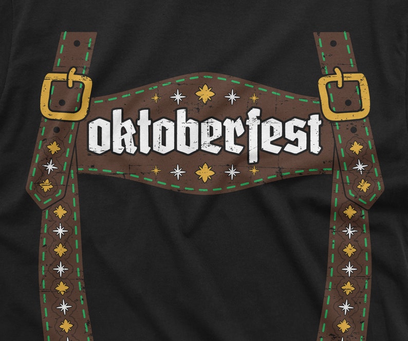 May include: A black t-shirt featuring a brown leather suspender design and the text "oktoberfest" in white.