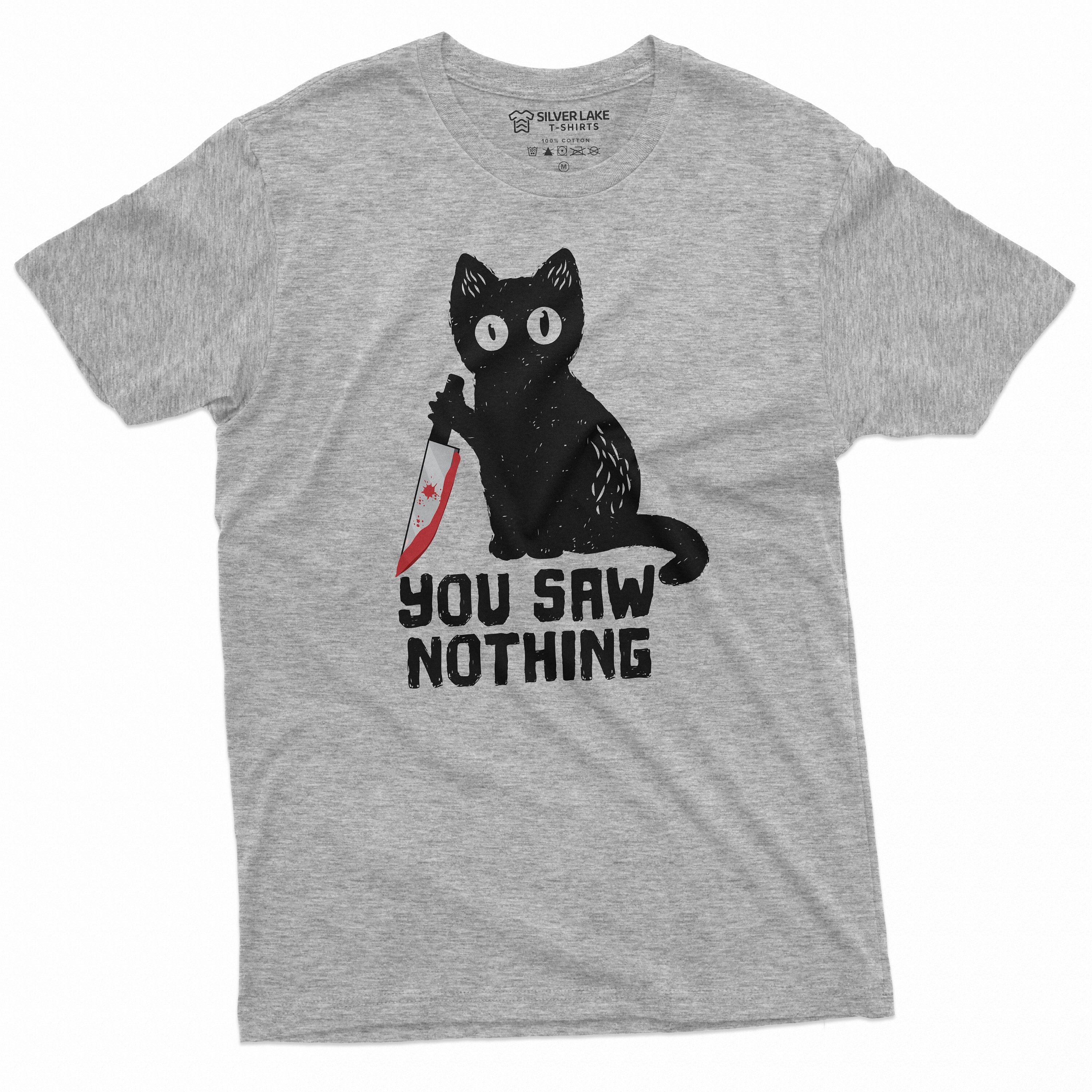 メンズおもしろ猫Tシャツ 血まみれのナイフを持った猫は何も見ていない