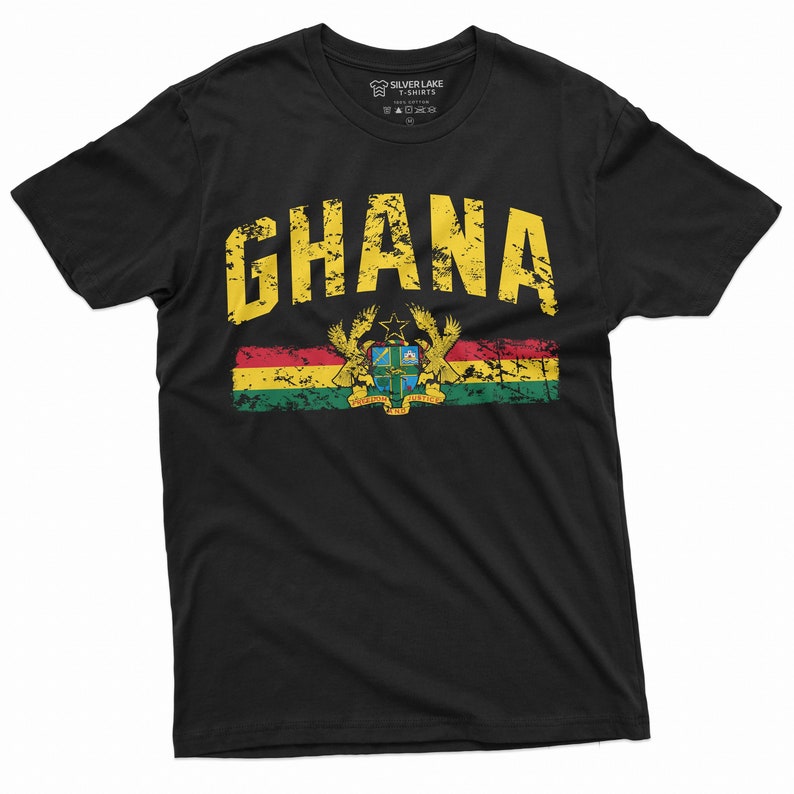 May include: Black t-shirt with a yellow distressed graphic of the word "GHANA" and the Ghanaian flag with the coat of arms.