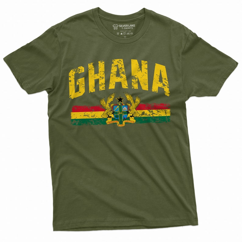 May include: A green t-shirt with a distressed yellow graphic of the word "GHANA" and the Ghanaian flag with the coat of arms.