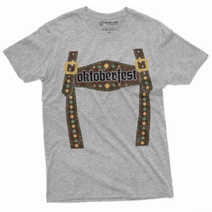 May include: Grey t-shirt featuring a brown and green graphic of braces and the word "Oktoberfest" on the front.