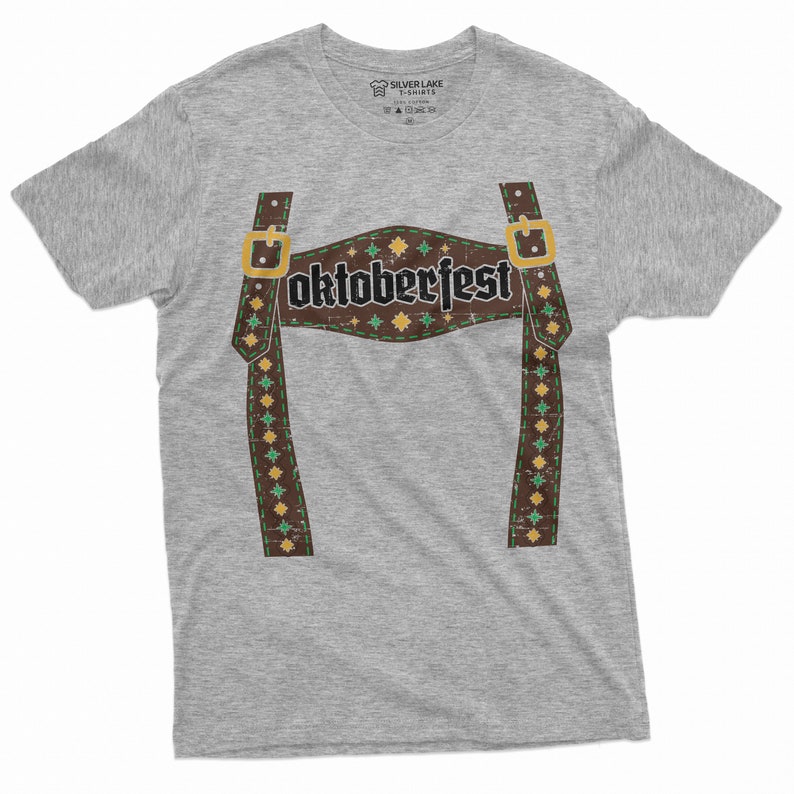 May include: Grey t-shirt featuring a brown and green graphic of braces and the word "Oktoberfest" on the front.