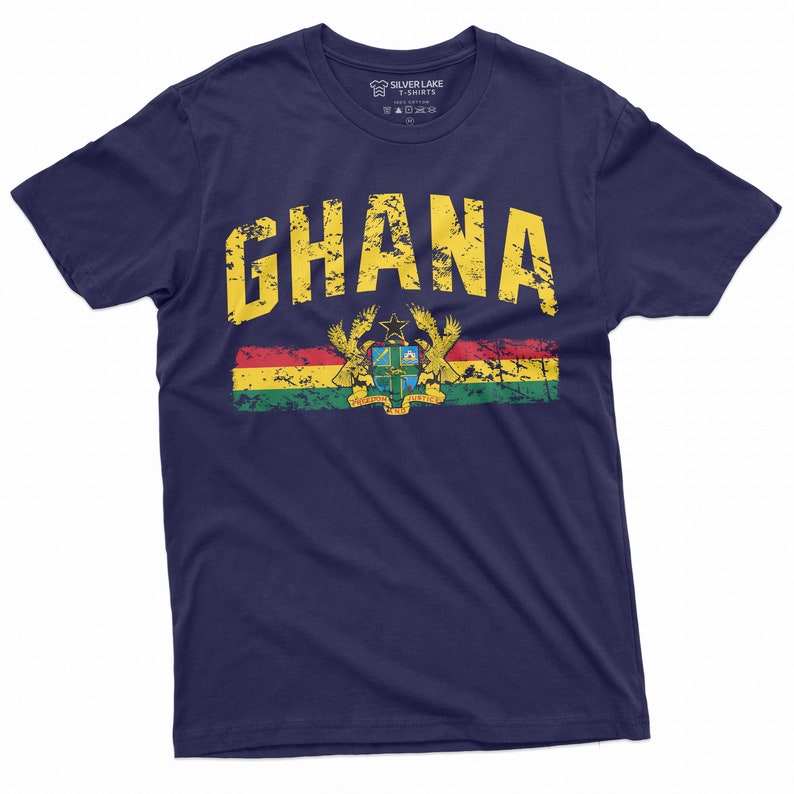 May include: A navy blue t-shirt with a distressed yellow graphic of the word "GHANA" and the Ghanaian flag with its coat of arms.