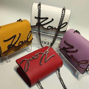 Leather crossbody, chain purses, mustard colour, pruple, red, white.