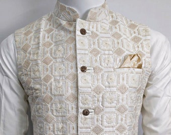 Mens White Indian Waistcoat Embroidery Nehru Jacket Ethnic Wedding Festival Wear Modi Waistcoat Jacket