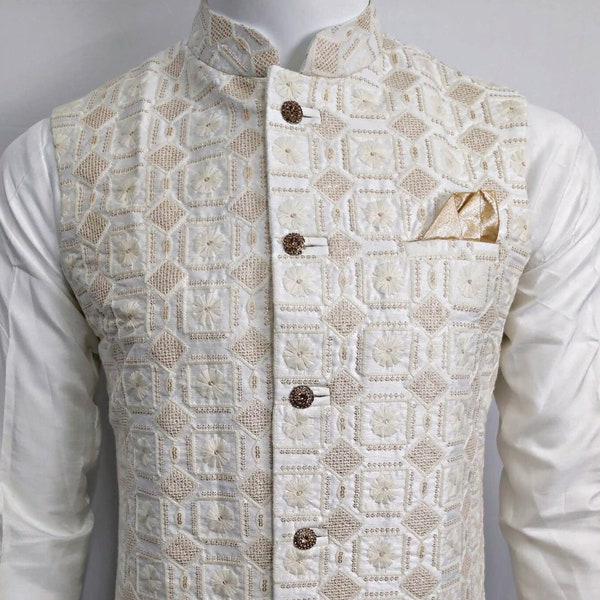 Mens White Indian Waistcoat Embroidery Nehru Jacket Ethnic Wedding Festival Wear Modi Waistcoat Jacket