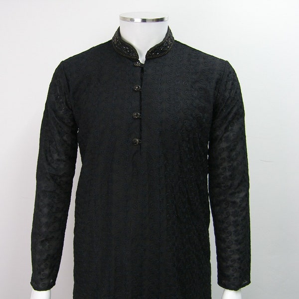 Black Chicken Cotton Mens Kurta Pajama Shalwar Kameez Indian Pakistani Wedding Outfit