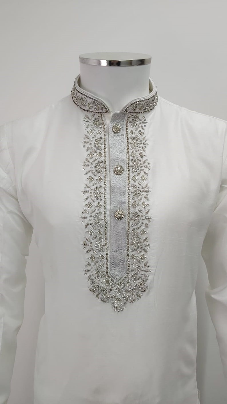 Mens White Kurta Pajama Shalwar Kameez Raw Silk Dupion Fabric Indian ...