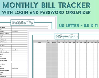 Printable Monthly Bill Tracker and Checklist With Password Organizer