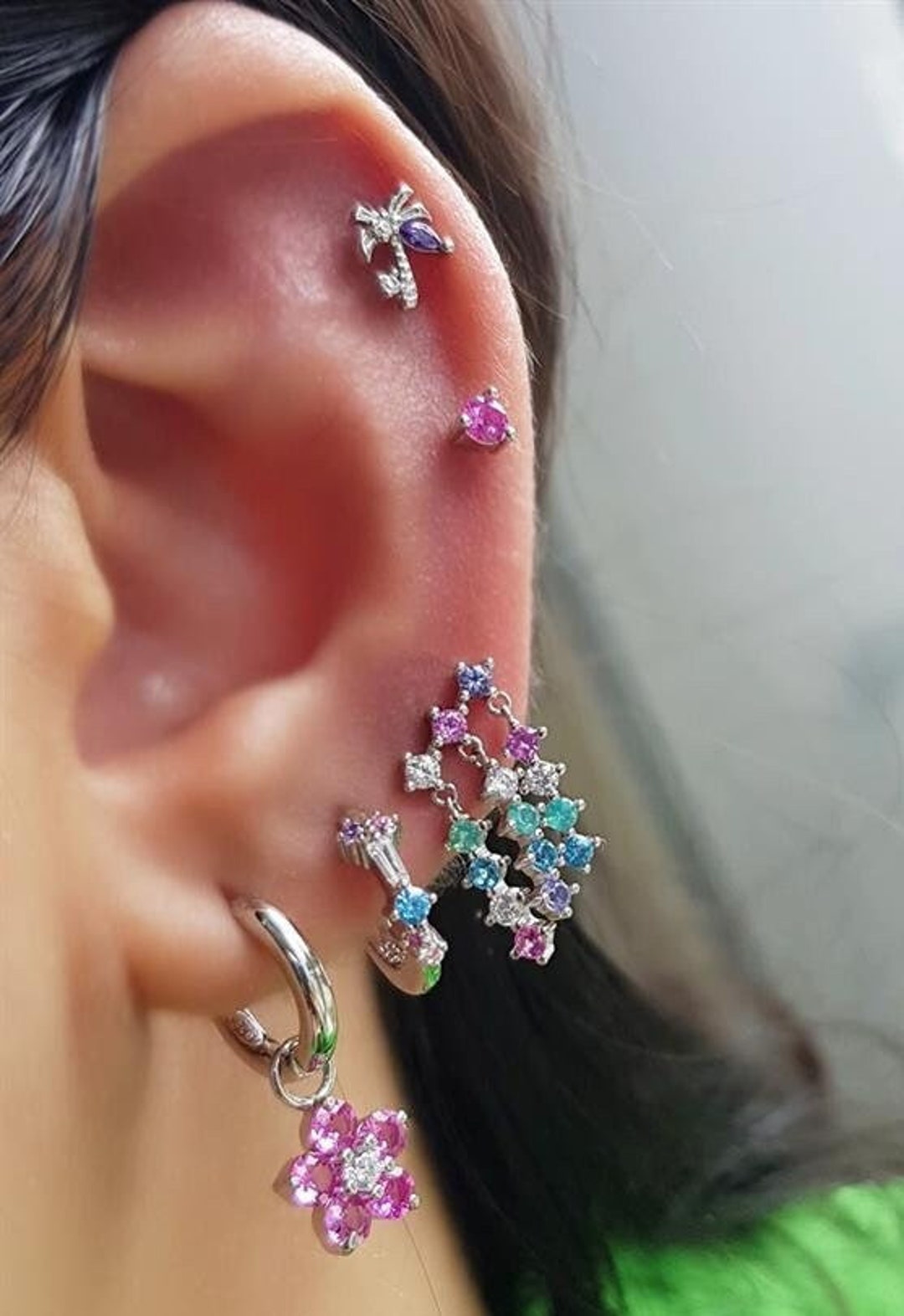 Pink Piercing Set,fuchsia Flower Earrings,pink Stud Silver Piercing