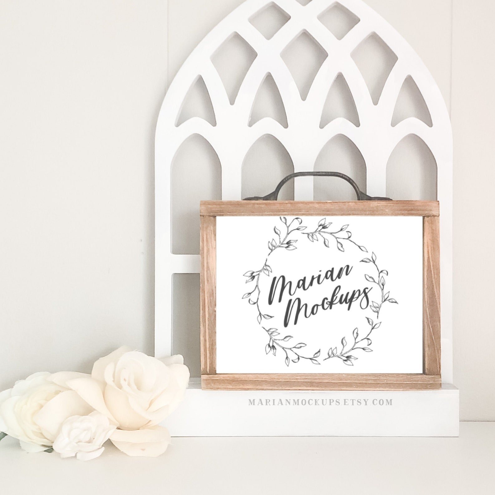 4x6 Wood Frame Photo Mockup with White Flowers Farmhouse