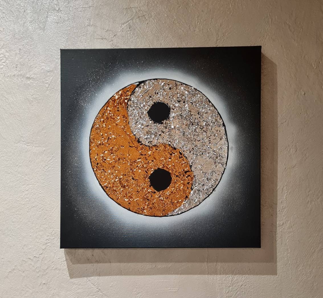 Tableau Toile Acrylique Yin Yang 50x50 Châssis 3D Peinture Feuille d'argent de Bronze Cadeau Noel