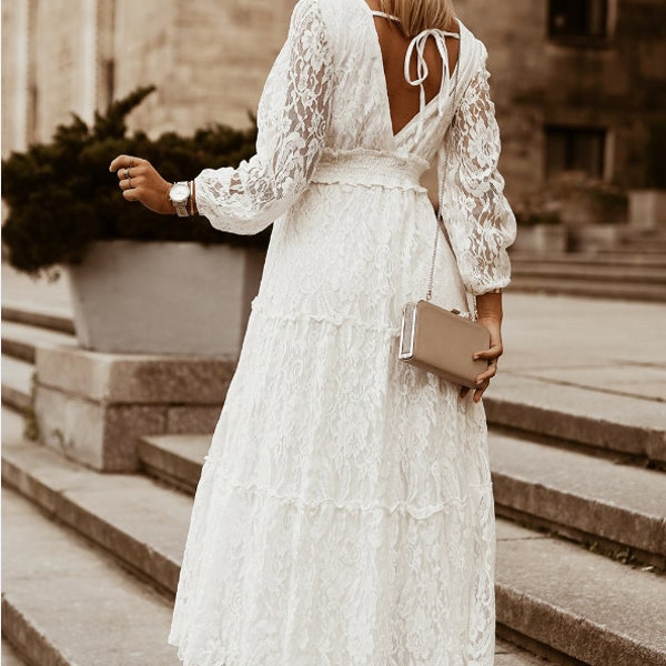 White Bubble Sleeve Tiered Lace Maxi Dress | Beach Wedding Dress | Boho Dress | White Long Dress | Fashion Dress Photoshoot Dress |