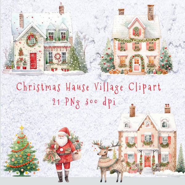 21 Png christmas hause village clipart,Watercolor christmas house clipart,Christmas Storefront PNG Set, House portrait watercolor,