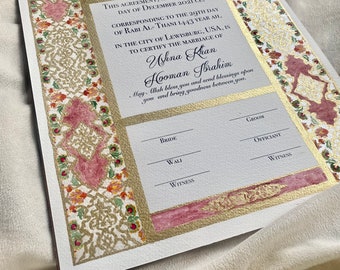 Luxury Nikkah Certificate, Premium A4/A3 Islamic Wedding Contract, Nikkah Nama, Muslim Marriage Certificate, Personalised Names