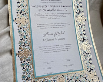 Luxury Nikkah Certificate, Premium A3/A4 Islamic Wedding Contract, Nikkah Nama, Muslim Marriage Certificate, Personalised Names, Quran Verse