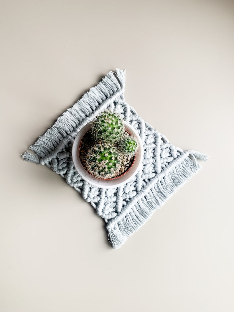 Peut inclure: Un petit cactus vert dans un pot blanc pos&eacute; sur un dessous de plat en macram&eacute; gris avec des franges.