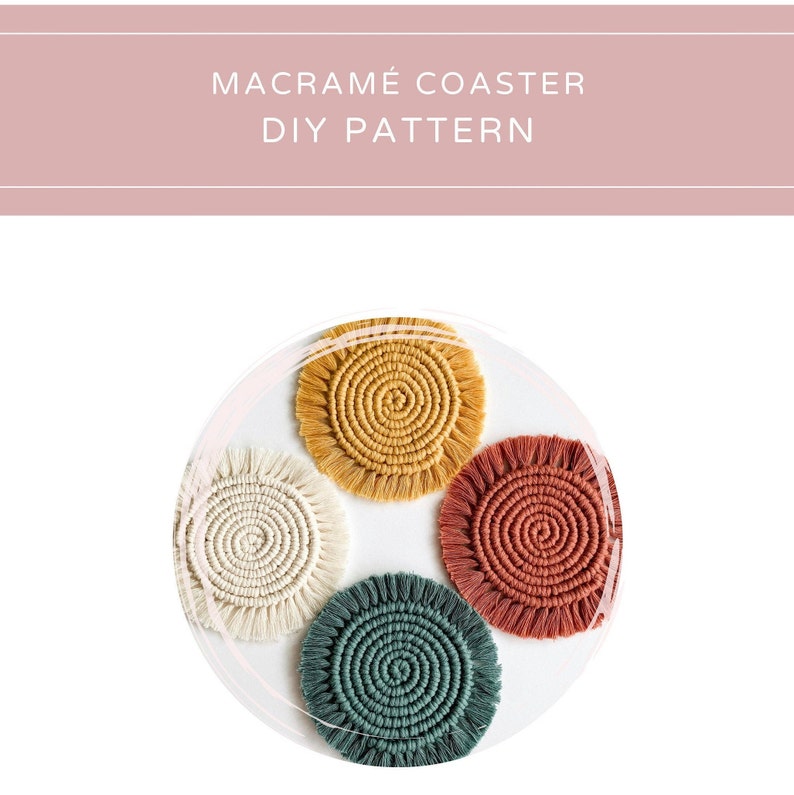 May include: Four macrame coasters in different colors: mustard yellow, white, rust orange, and teal green. Each coaster has a circular shape with a spiral pattern in the center and a fringe border.