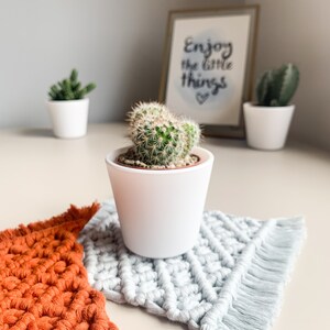 Peut inclure: Deux sous-verres en crochet avec des franges, l'un orange et l'autre gris clair, avec un petit cactus dans un pot blanc pos&eacute; sur le sous-verre gris. En arri&egrave;re-plan, un cadre avec l'inscription "Enjoy the little things".