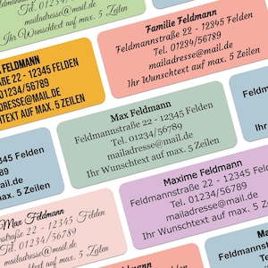 Könnte beinhalten: Eine Sammlung bunter Adressaufkleber mit dem Namen "Feldmann" und verschiedenen Variationen des Namens, darunter "Max Feldmann", "Familie Feldmann" und "Maxime Feldmann". Jedes Etikett enthält eine Adresse, eine Telefonnummer und eine E-Mail-Adresse. Die Etiketten sind auf weißem Papier mit schwarzer Schrift gedruckt.