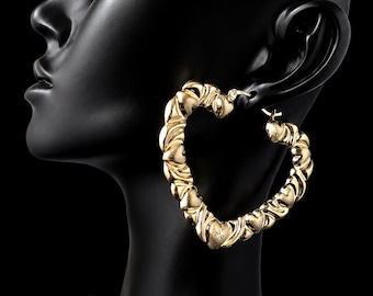 10k Real Solid Yellow Gold Textured Heart Hoop Earrings,High Quality Heart Shape,33mm-76mm Gold Hoop Earrings,Women Earrings