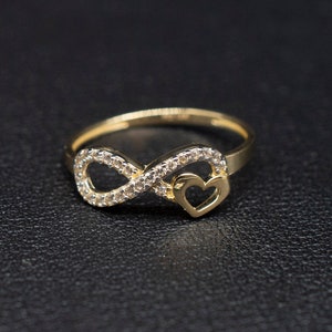 14k Real Solid Yellow Gold Infinity Heart Ring, 14k Solid Gold Women Heart Ring, Infinity Symbol Gemstone Gold Ring for Women, Gift,